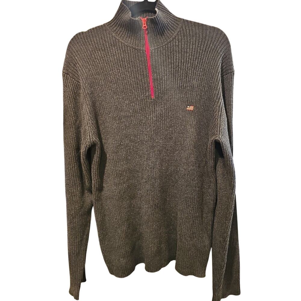Ralph Lauren Polo Jeans Co. Size Large Cotton Gray 1/4 Zip Ribbed Sweater Flag